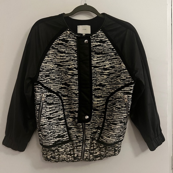 IRO Jett Zip Up BOUCLE tweed Leather Moto Jacket •34/XS black white marbled - Picture 6 of 9